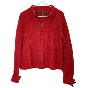Inis Crafts Zip Up Sweater Cardigan Womens Size XL Red Merino Wool Cable Knit